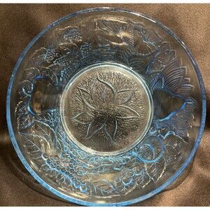 Beautiful VTG Decorative Fruit Design Blue Pressed Glass Bowl 8.5”X 8.5”X3”